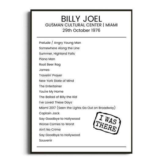 Billy Joel Miami 29 October 1976 Setlist Poster