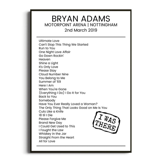 Bryan Adams Nottingham 02 March 2019 Setlist Poster