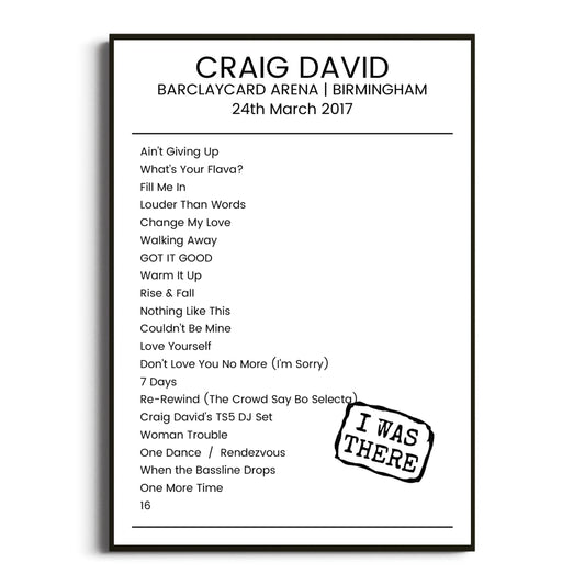 Craig David Birmingham 24 March 2017 Setlist Poster