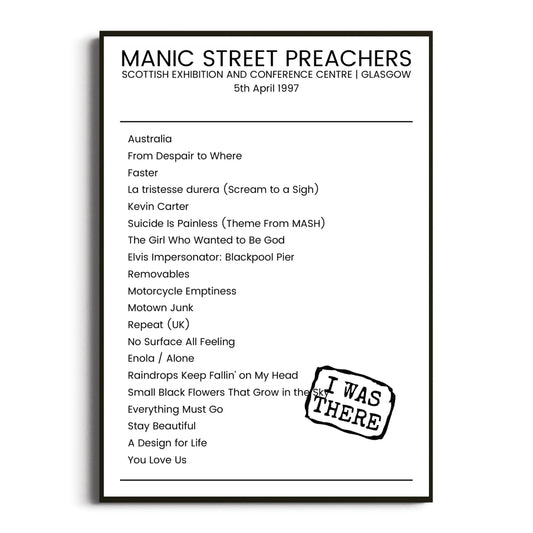 Manic Street Preachers Glasgow 05 April 1997 Setlist Poster