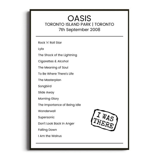 Oasis Toronto 07 September 2008 Setlist Poster