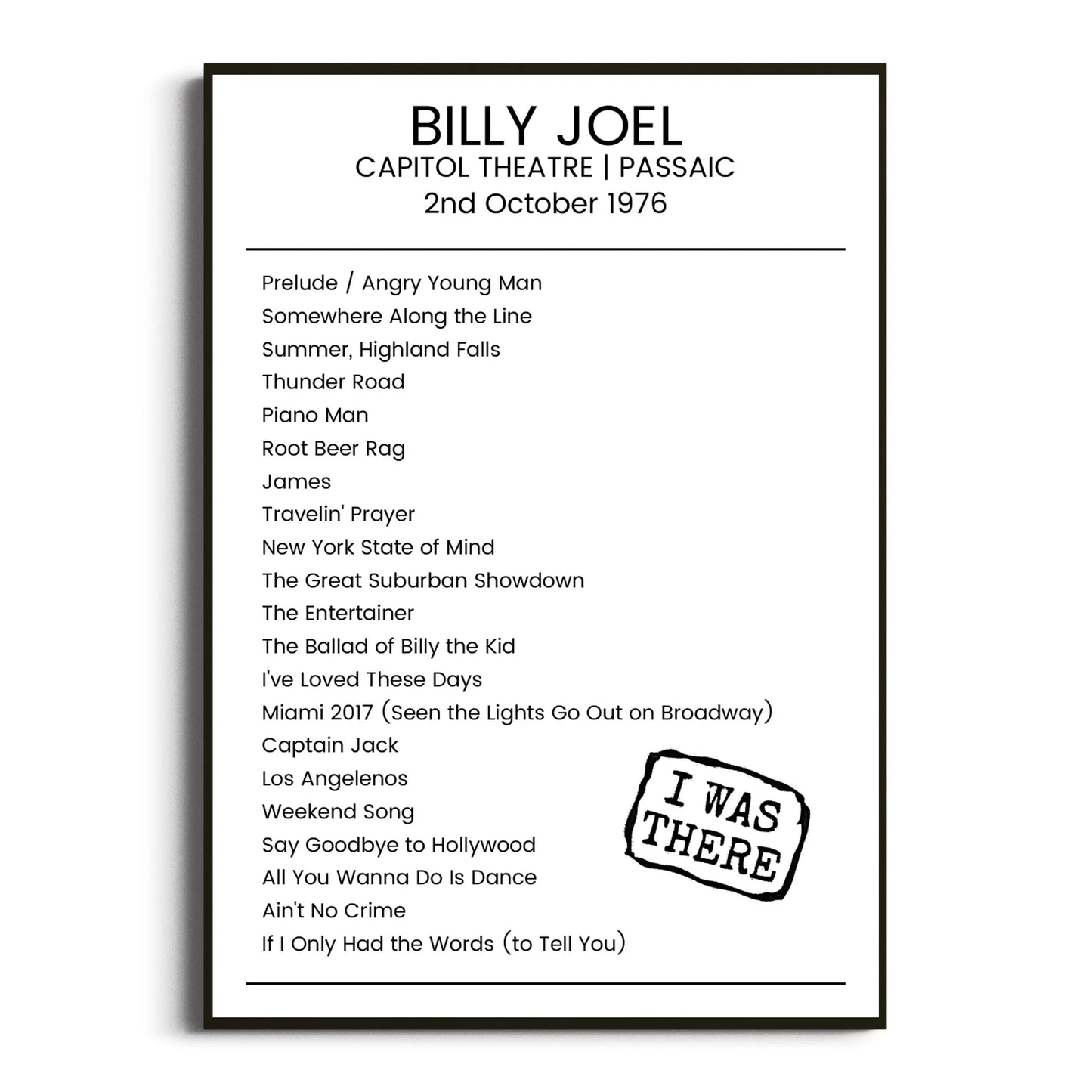 Billy Joel Passaic 02 October 1976 Setlist Poster