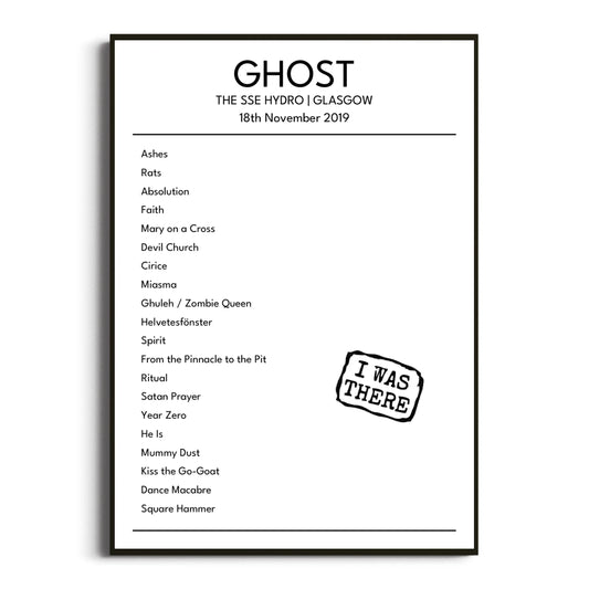 Ghost Glasgow 18 November 2019 Setlist Poster