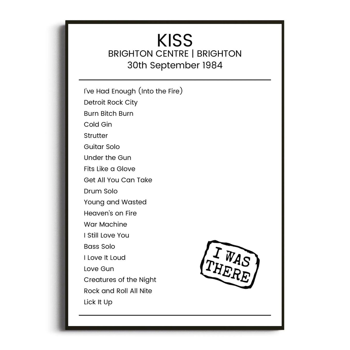 KISS Brighton 30 September 1984 Setlist Poster