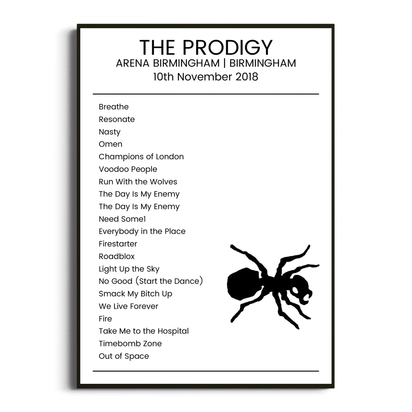 The Prodigy Birmingham 10 November 2018 Setlist Poster