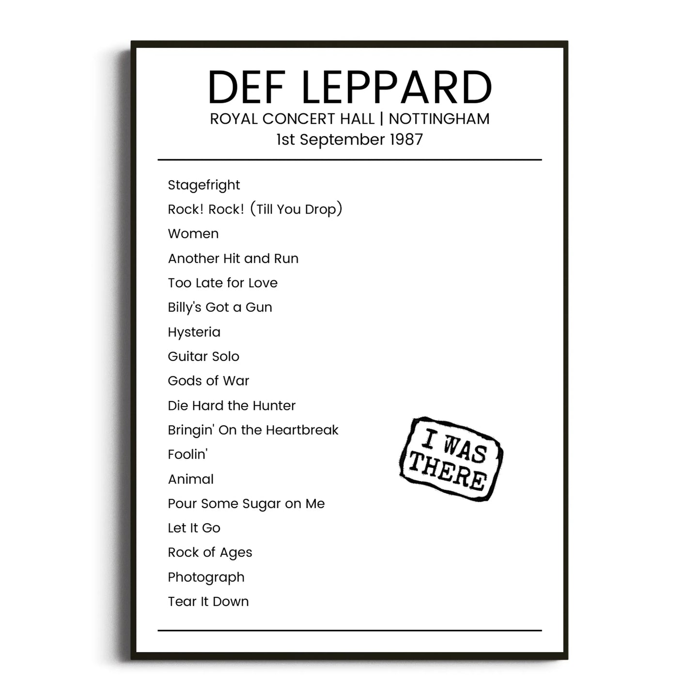 Def Leppard Nottingham 01 September 1987 Setlist Poster