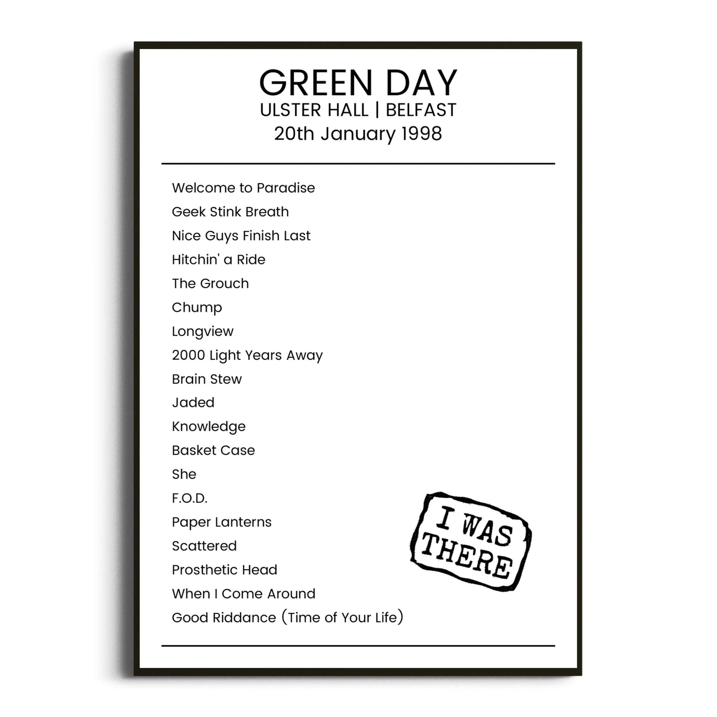 Green Day Belfast 20 January 1998 Setlist Poster