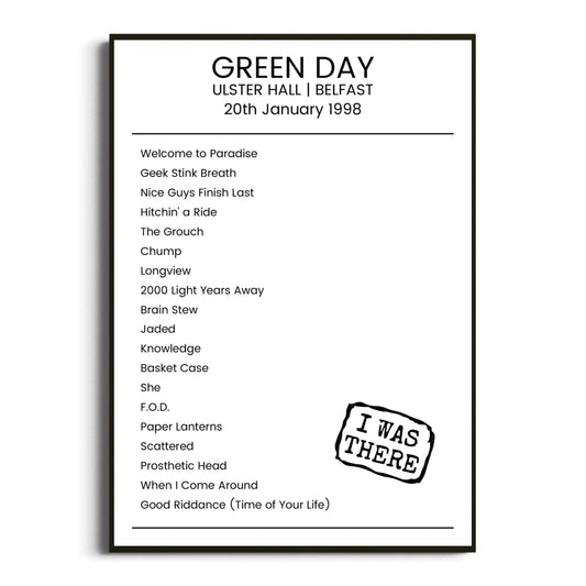 Green Day Belfast 20 January 1998 Setlist Poster