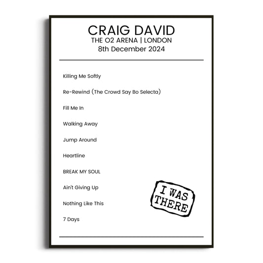 Craig David London 08 December 2024 Setlist Poster