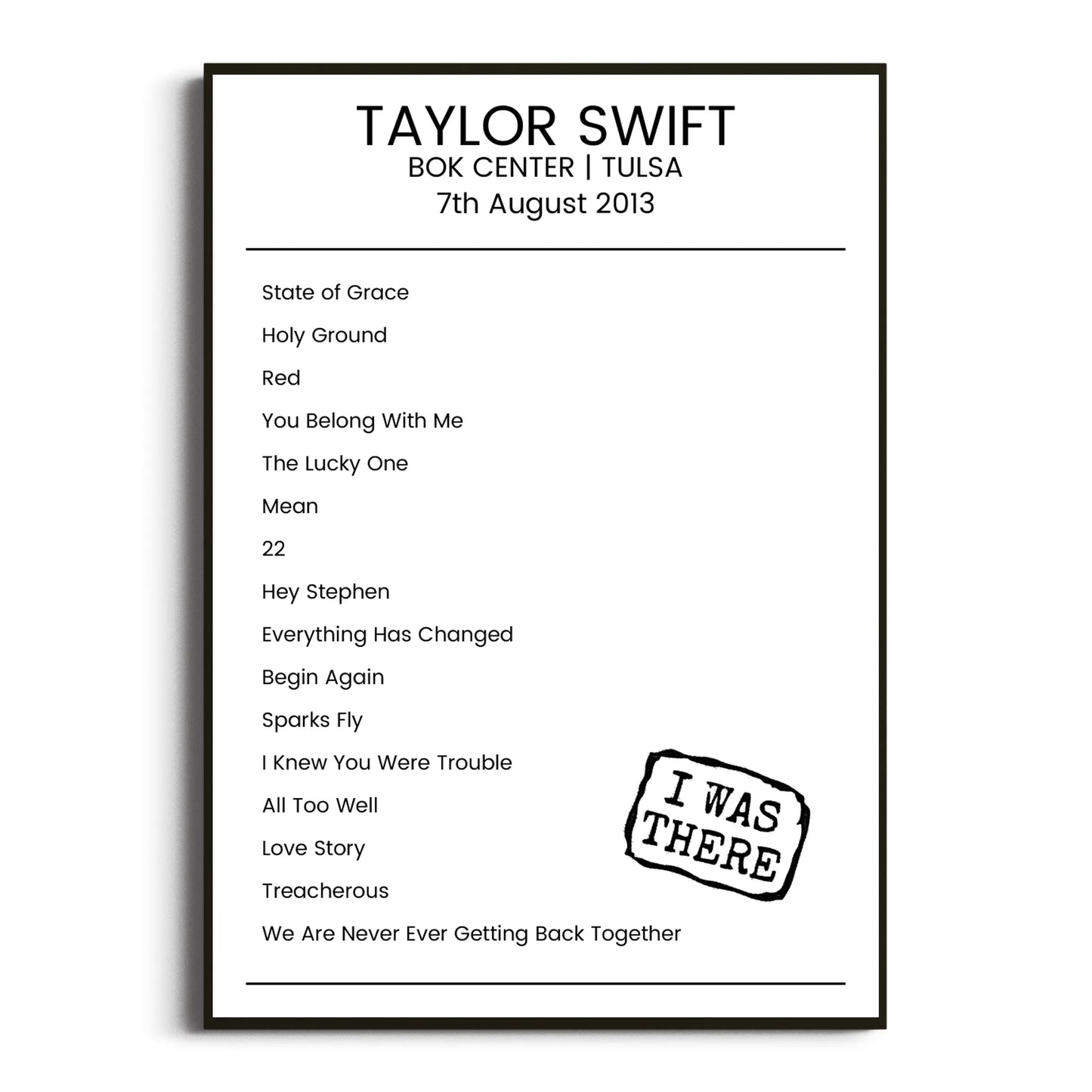 Taylor Swift Tulsa 07 August 2013 Setlist Poster