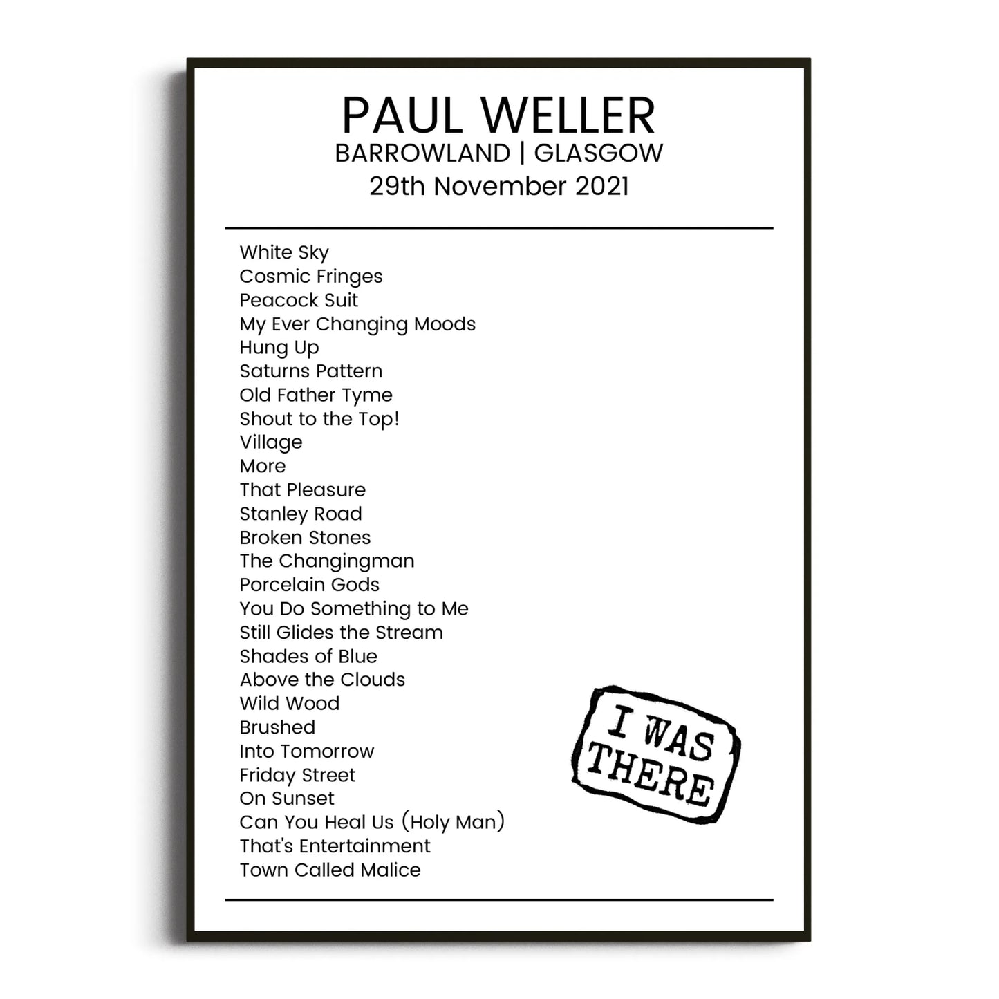 Paul Weller Glasgow 29 November 2021 Setlist Poster