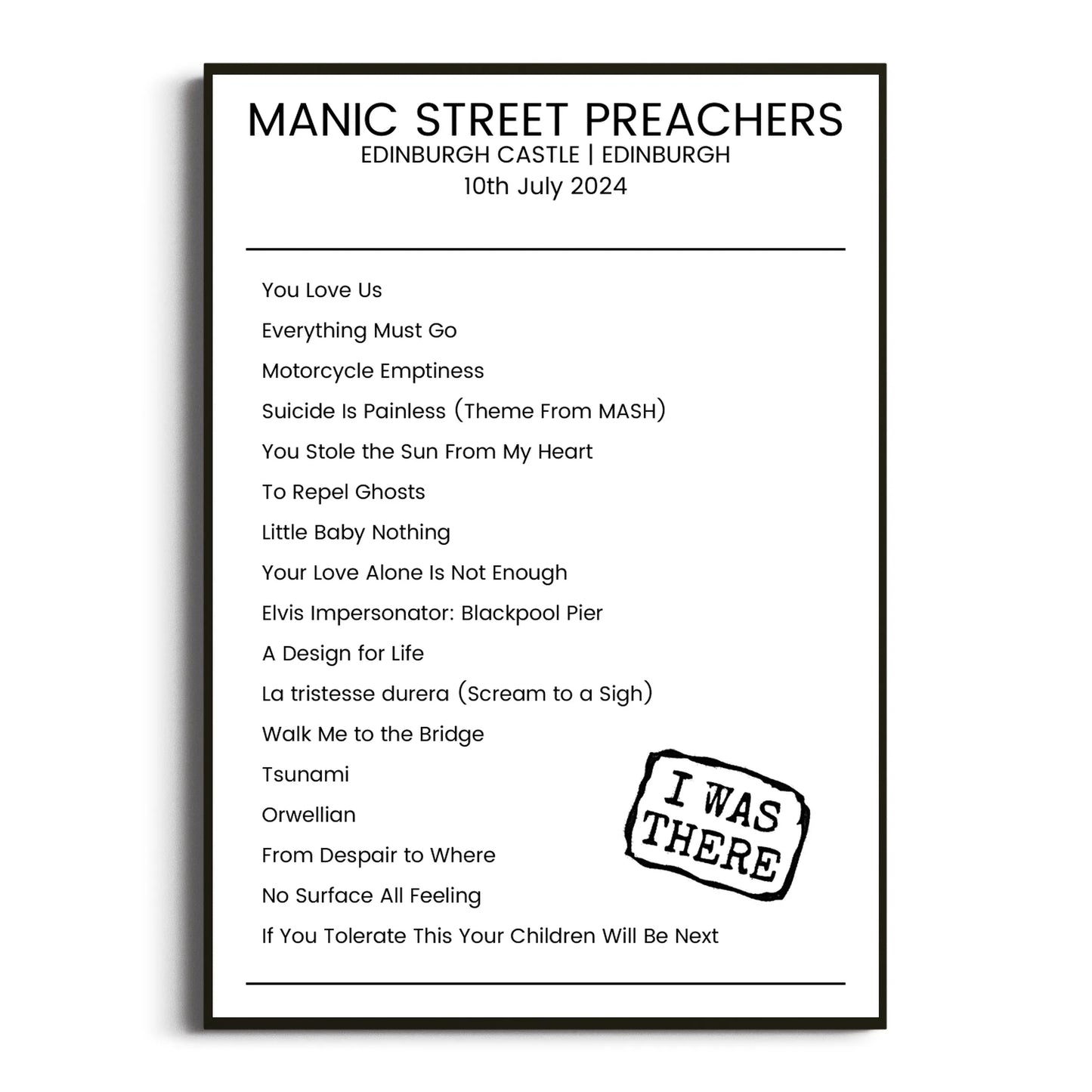 Manic Street Preachers Edinburgh 10 July 2024 Setlist Poster