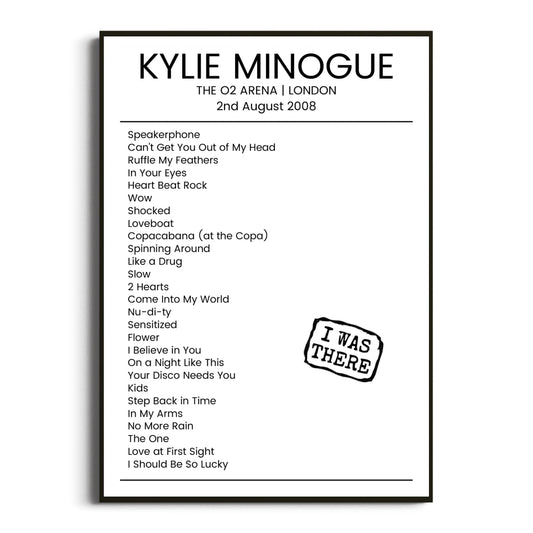 Kylie Minogue London 02 August 2008 Setlist Poster