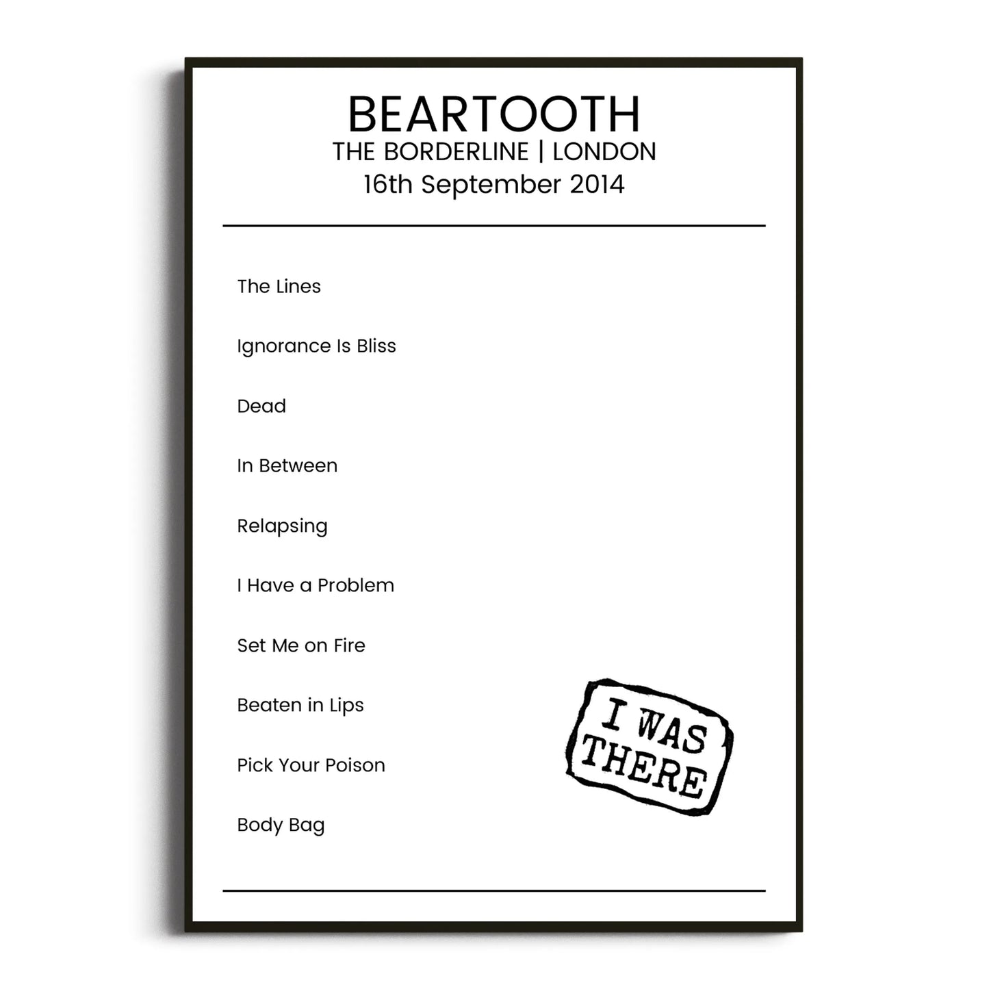 Beartooth London 16 September 2014 Setlist Poster