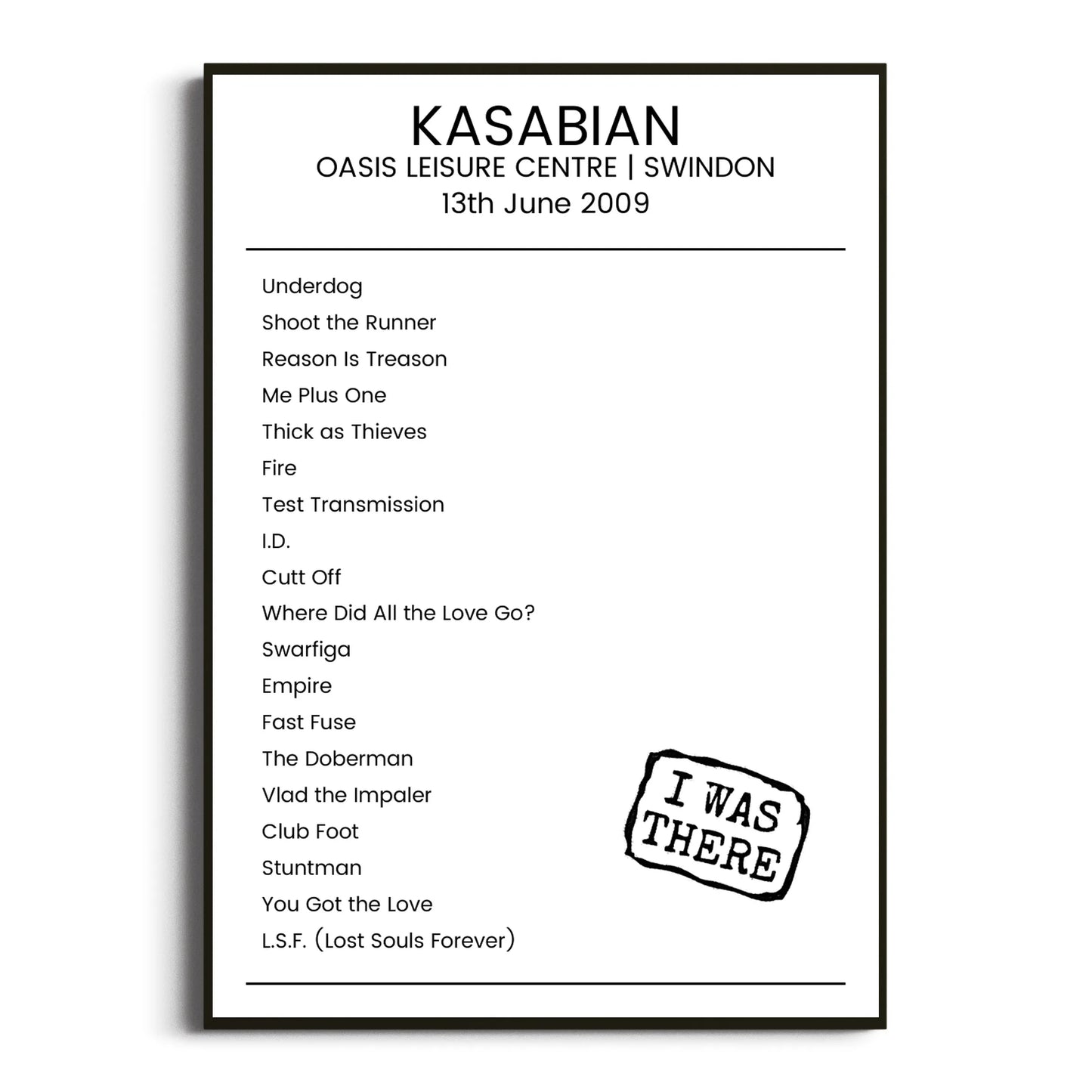 Kasabian Swindon 13 June 2009 Setlist Poster