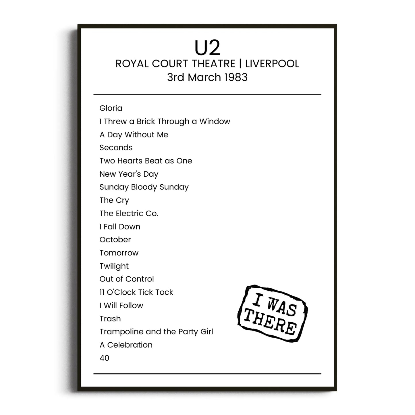 U2 Liverpool 03 March 1983 Setlist Poster