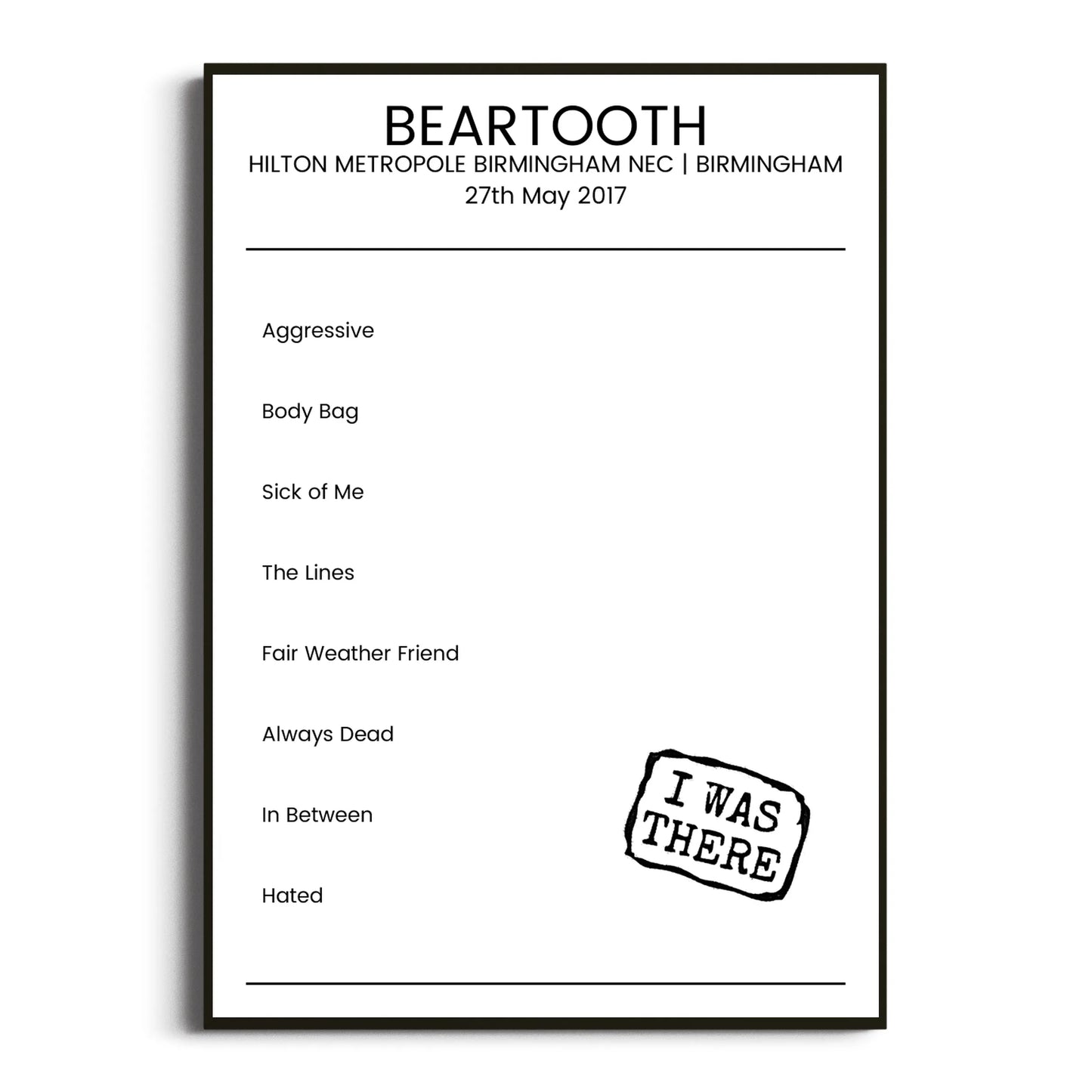 Beartooth Birmingham 27 May 2017 Setlist Poster