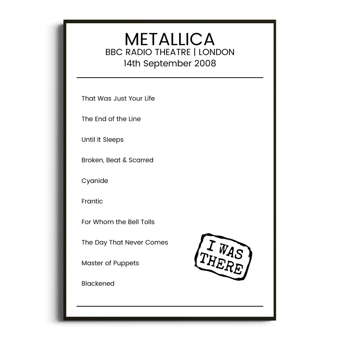 Metallica London 14 September 2008 Setlist Poster