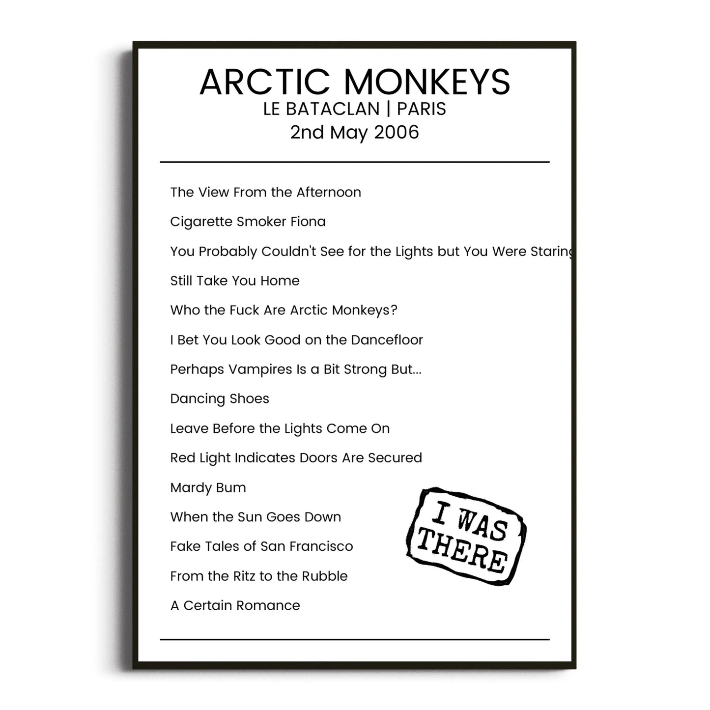 Arctic Monkeys Paris 02 May 2006 Setlist Poster