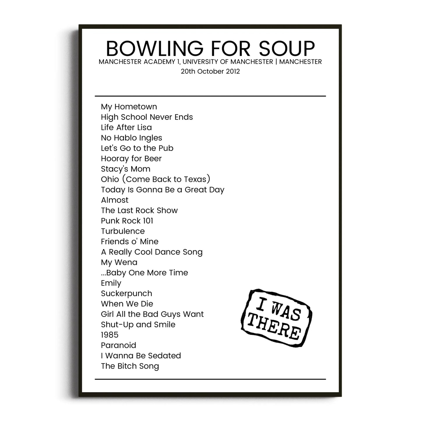 Bowling for Soup Manchester 20 October 2012 Setlist Poster