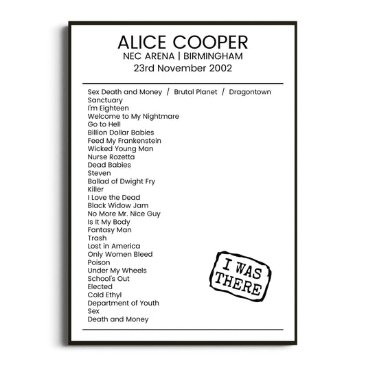 Alice Cooper Birmingham 23 November 2002 Setlist Poster