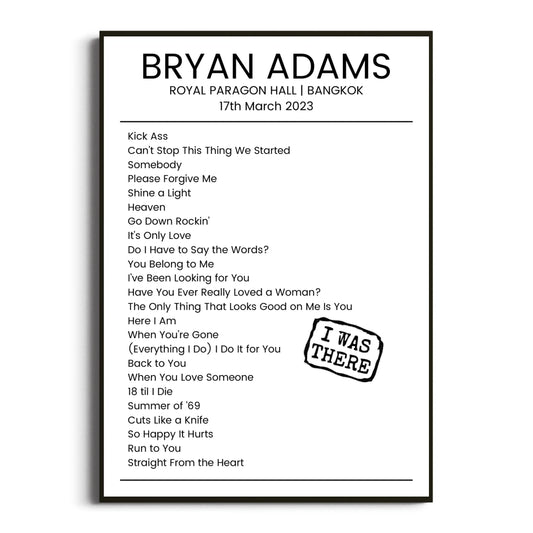 Bryan Adams Bangkok 17 March 2023 Setlist Poster