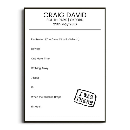 Craig David Oxford 29 May 2016 Setlist Poster