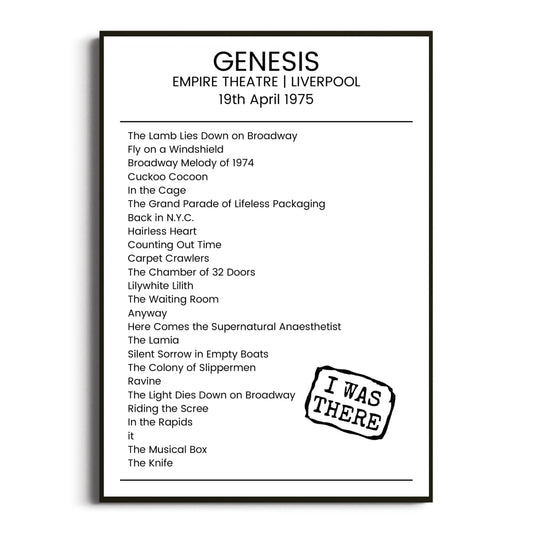 Genesis Liverpool 19 April 1975 Setlist Poster