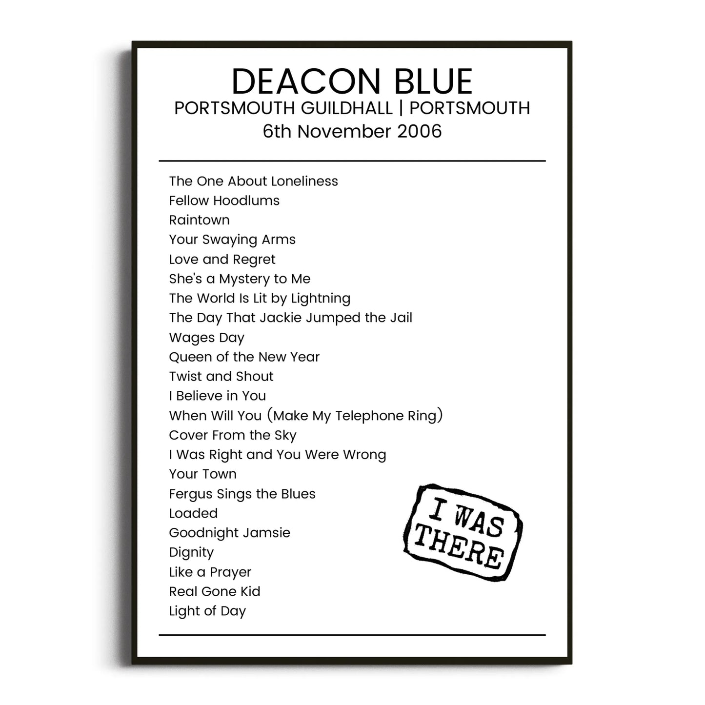 Deacon Blue Portsmouth 06 November 2006 Setlist Poster