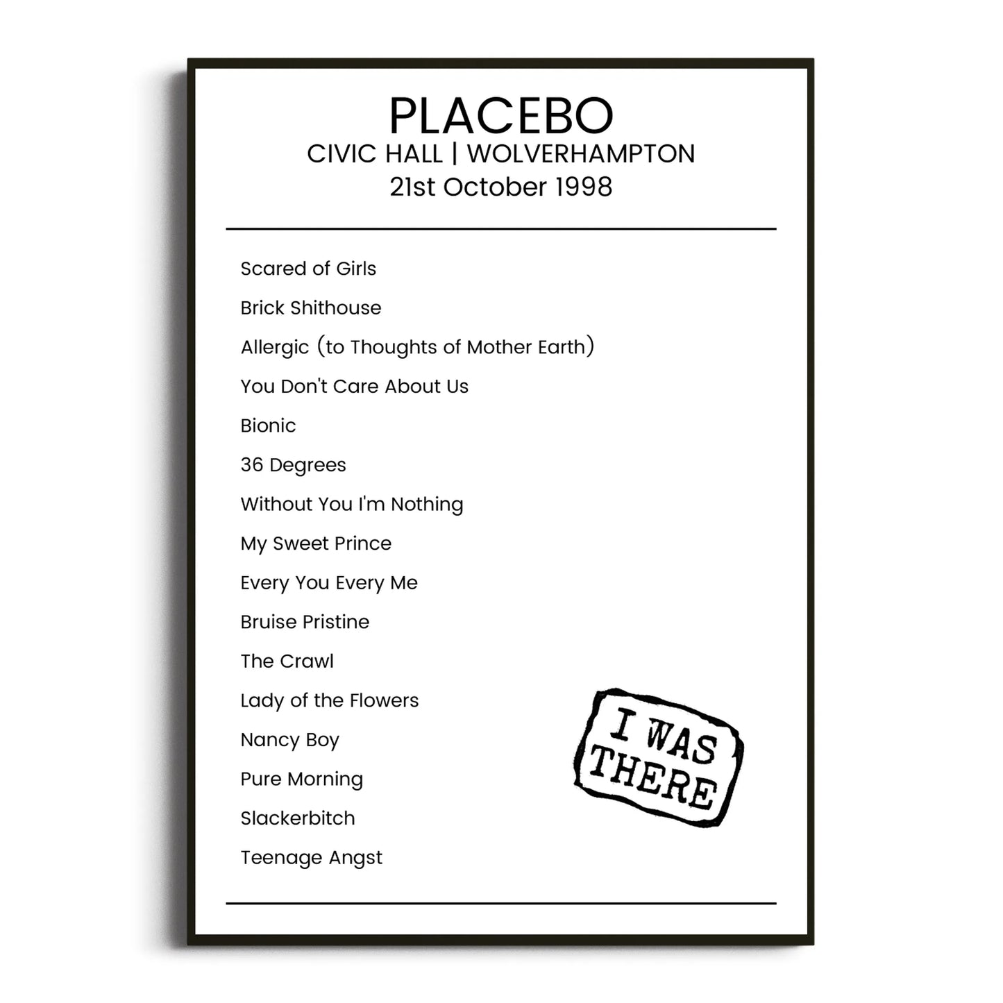 Placebo Wolverhampton 21 October 1998 Setlist Poster