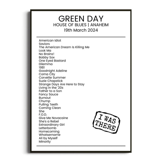 Green Day Anaheim 19 March 2024 Setlist Poster