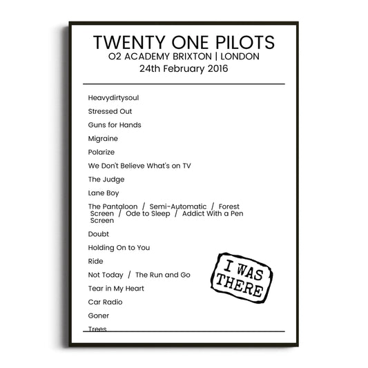 Twenty One Pilots London 24 February 2016 Setlist Poster