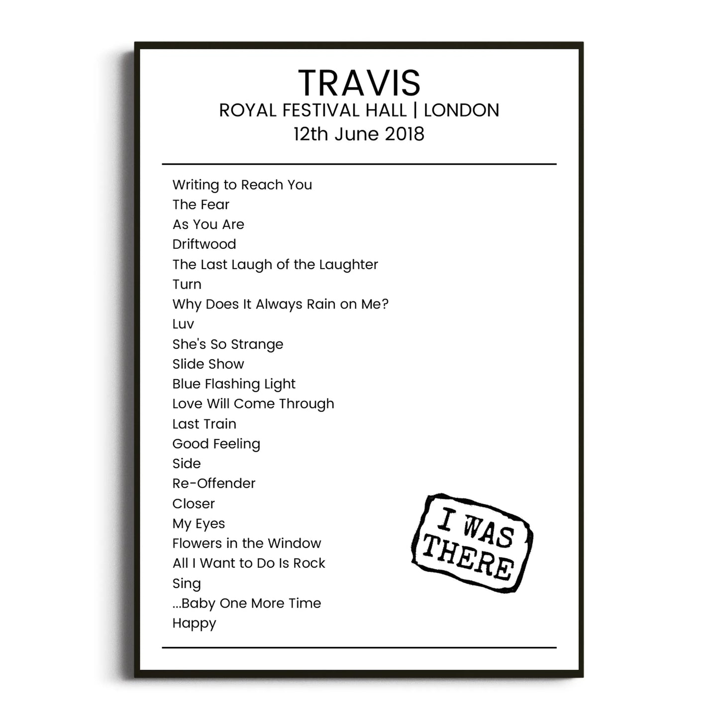 Travis London 12 June 2018 Setlist Poster