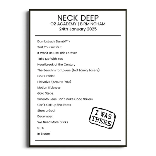 Neck Deep Birmingham 24 January 2025 Setlist Poster