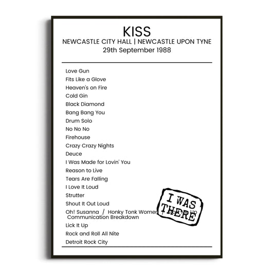 KISS Newcastle upon Tyne 29 September 1988 Setlist Poster