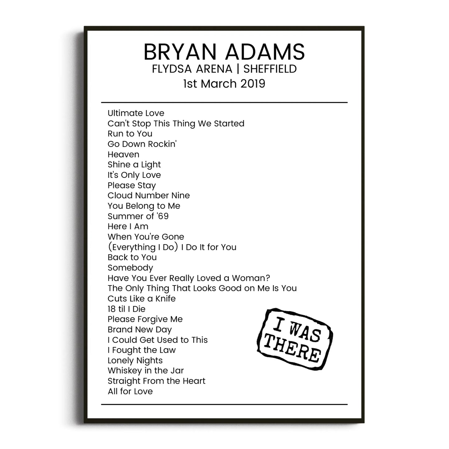 Bryan Adams Sheffield 01 March 2019 Setlist Poster