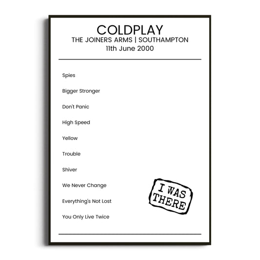 Coldplay Southampton 11 June 2000 Setlist Poster