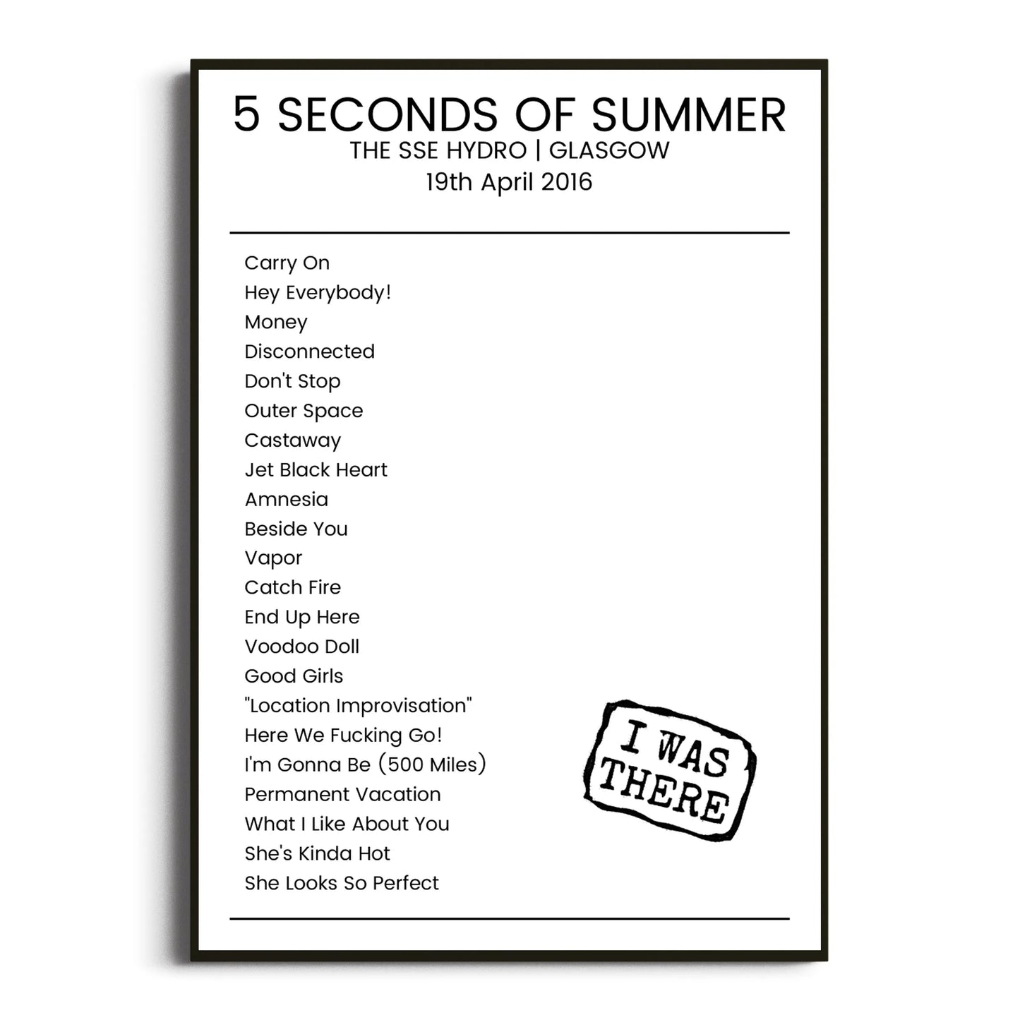 5 Seconds of Summer Glasgow 19 April 2016 Setlist Poster