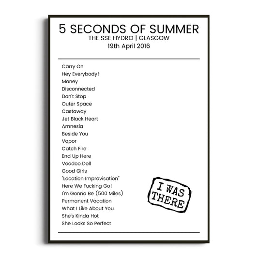 5 Seconds of Summer Glasgow 19 April 2016 Setlist Poster