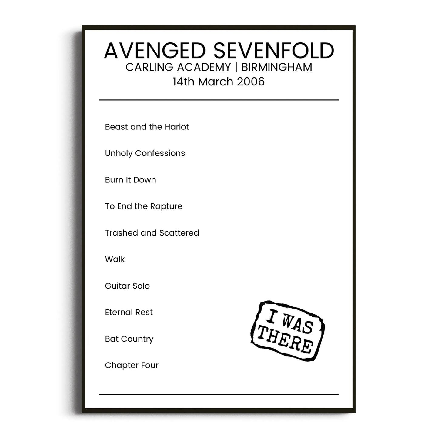 Avenged Sevenfold Birmingham 14 March 2006 Setlist Poster