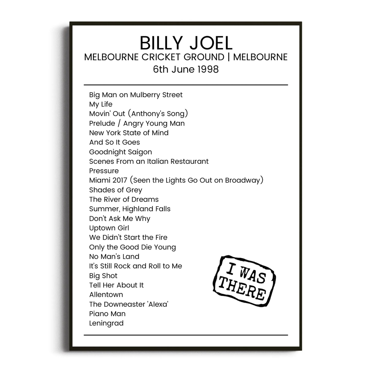 Billy Joel Melbourne 06 June 1998 Setlist Poster