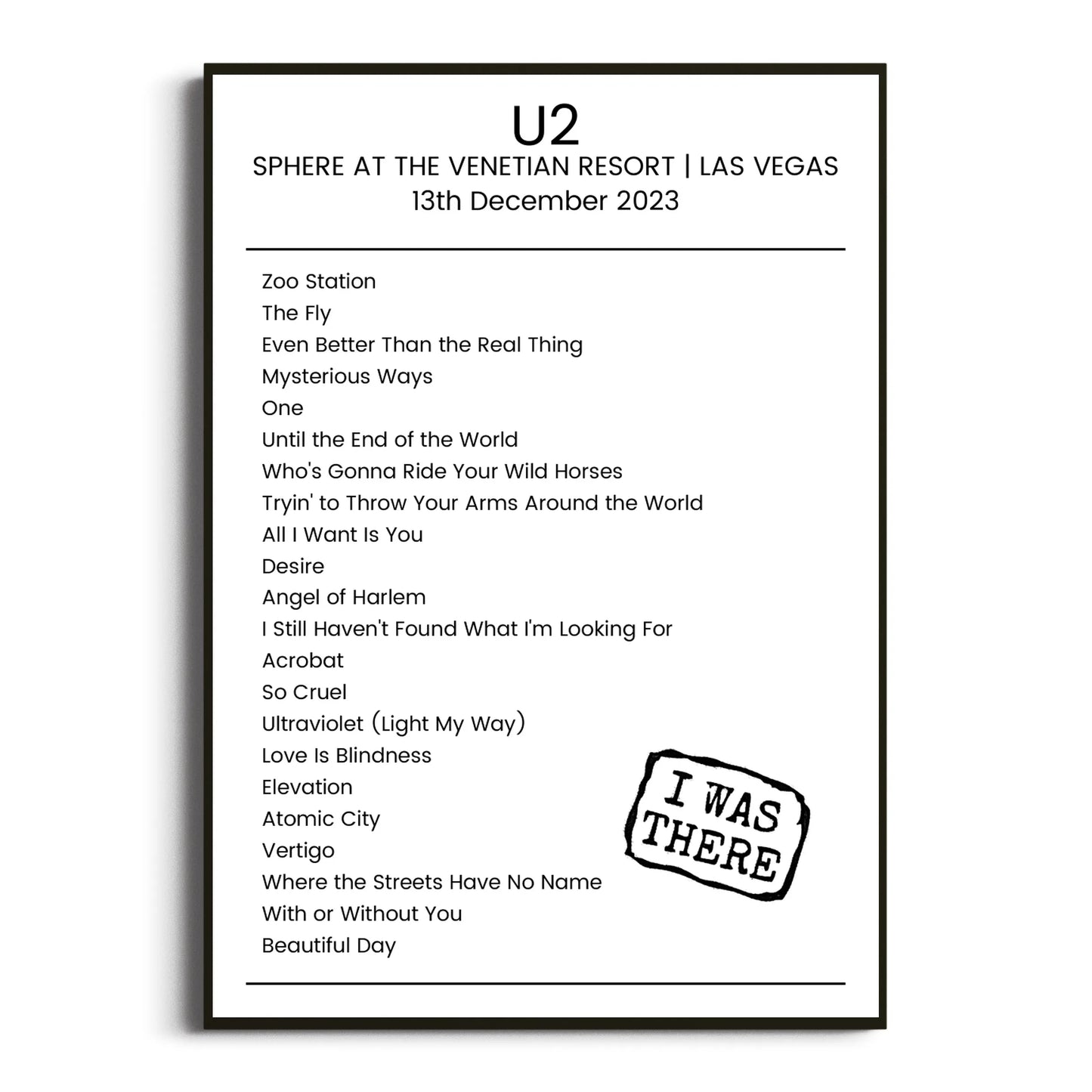 U2 Las Vegas 13 December 2023 Setlist Poster