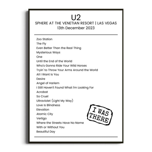 U2 Las Vegas 13 December 2023 Setlist Poster