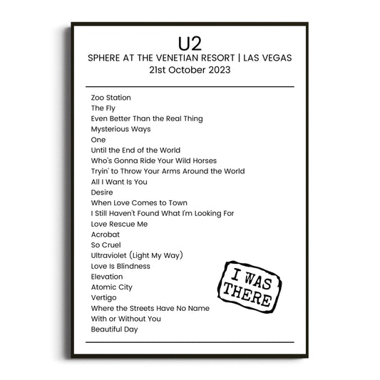 U2 Las Vegas 21 October 2023 Setlist Poster