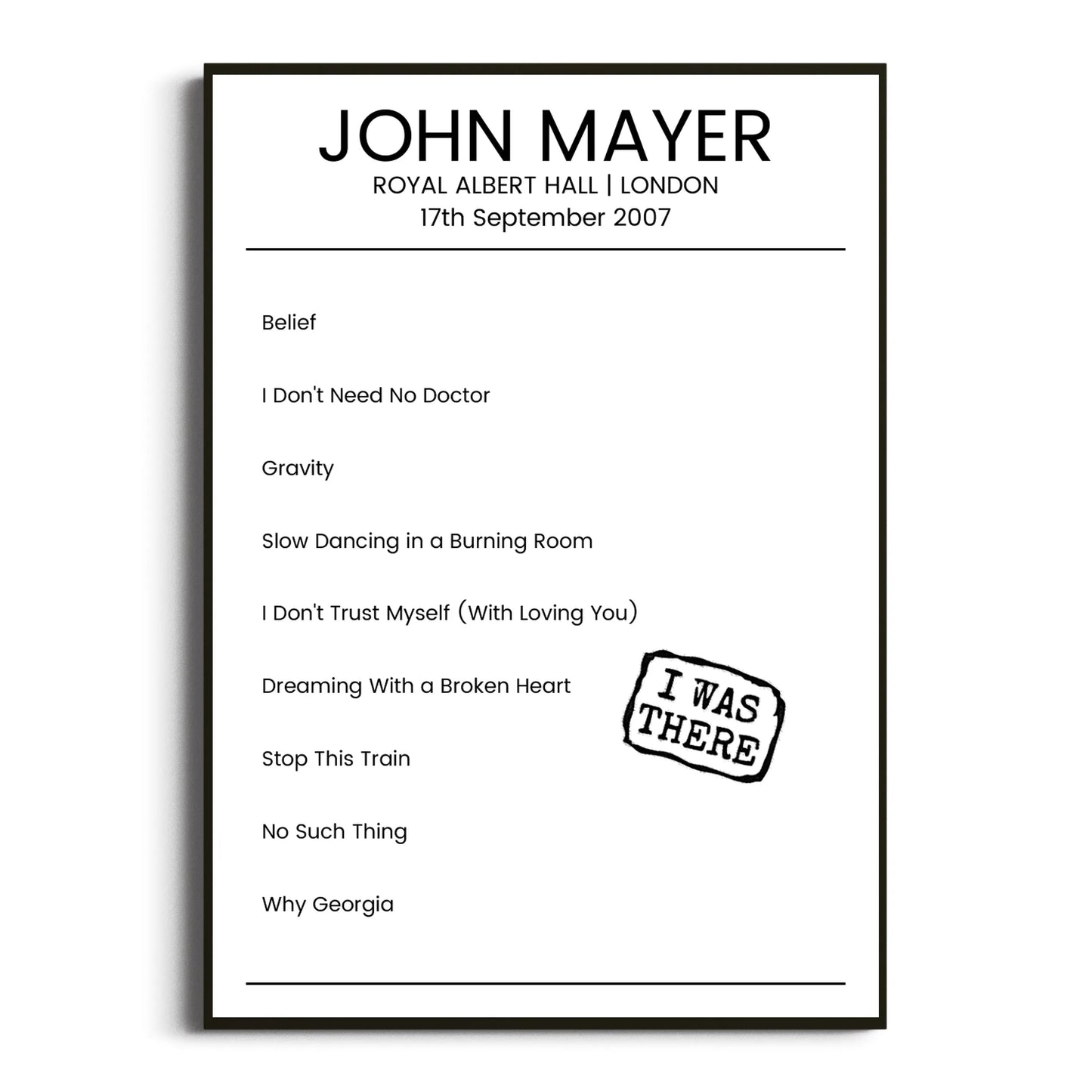 John Mayer London 17 September 2007 Setlist Poster