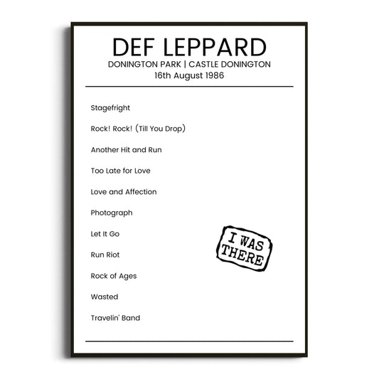 Def Leppard Castle Donington 16 August 1986 Setlist Poster