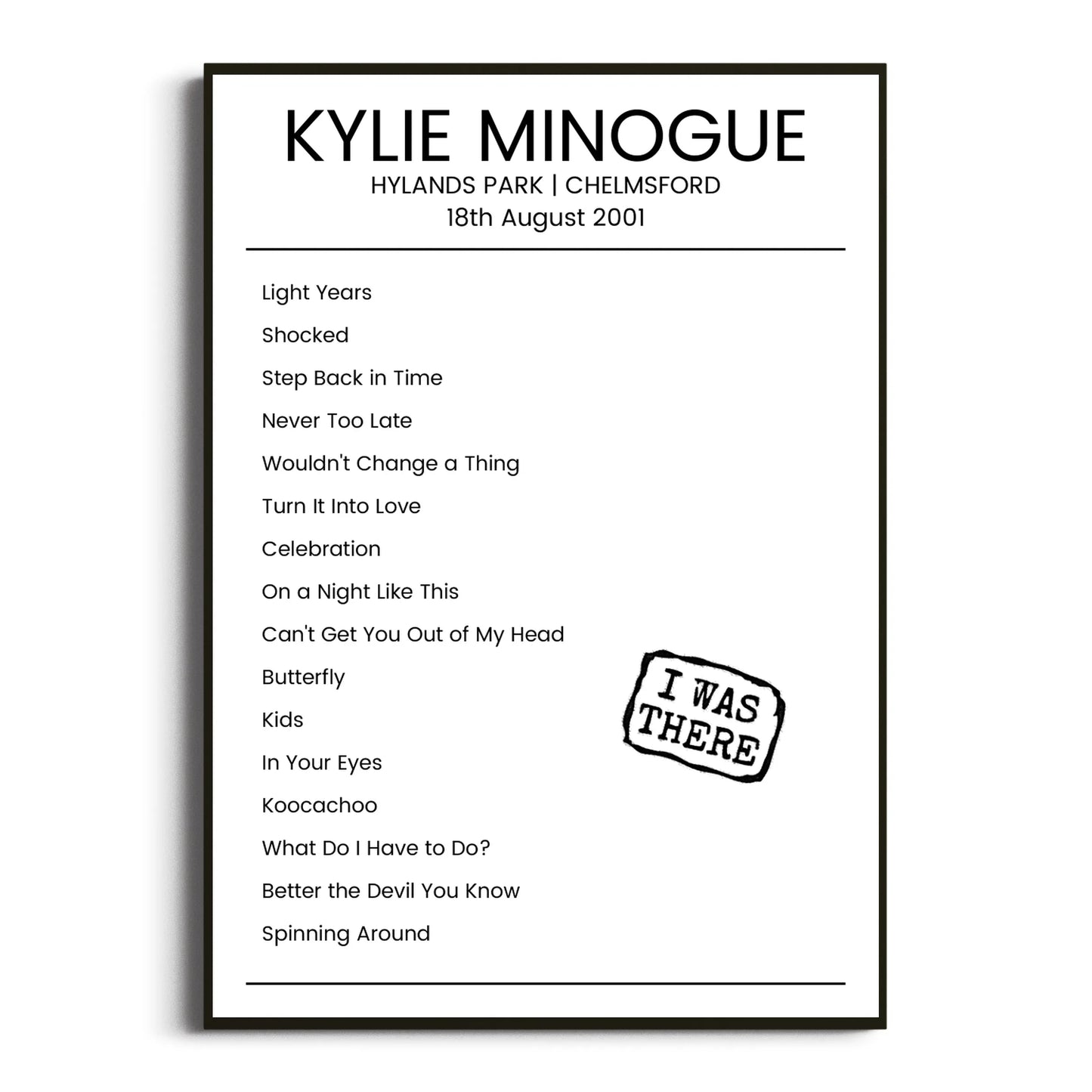 Kylie Minogue Chelmsford 18 August 2001 Setlist Poster