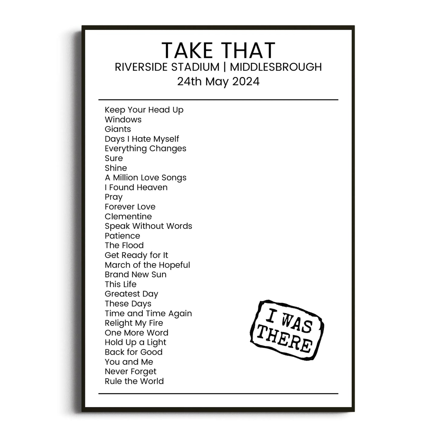 Take That Middlesbrough 24 May 2024 Setlist Poster