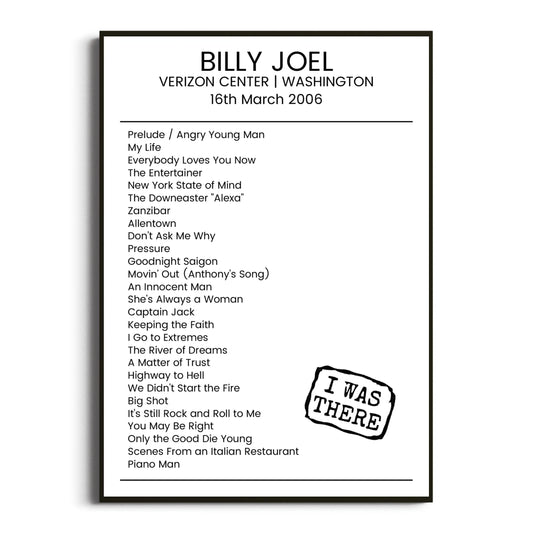 Billy Joel Washington 16 March 2006 Setlist Poster