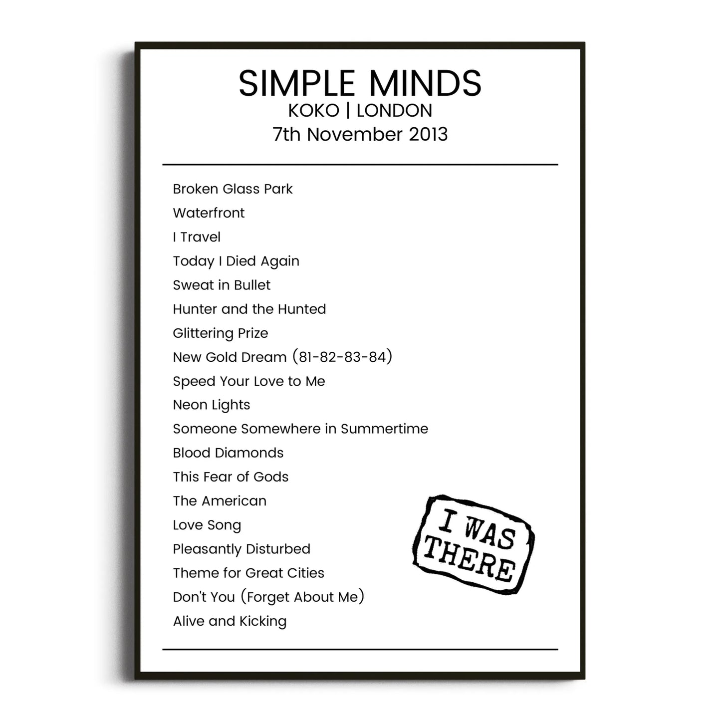 Simple Minds London 07 November 2013 Setlist Poster